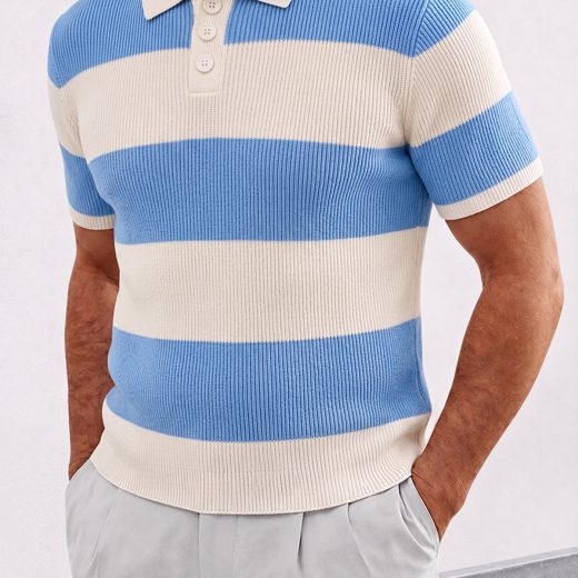 Striped Knit Polo Shirt Short Sleeve Ribbed