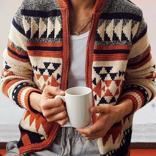Long Sleeve Lapel Jacquard Sweater