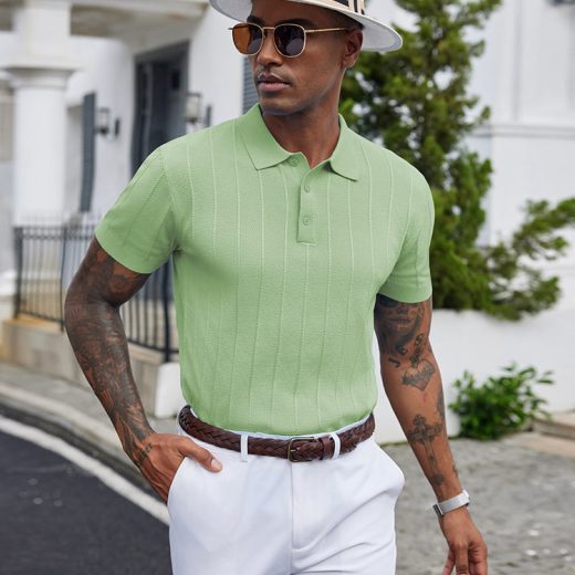 Ribbed Textured Knit Polo Shirt