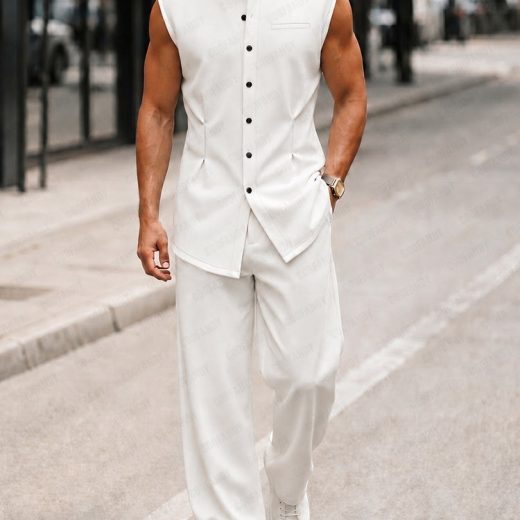Urban Casual Sleeveless Stand Collar Shirt Set