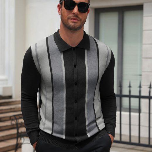 Retro Striped Color Block Polo Cardigan Knit Jacket