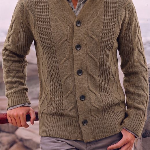 Cable Knit Shawl Collar Button-Up Cardigan