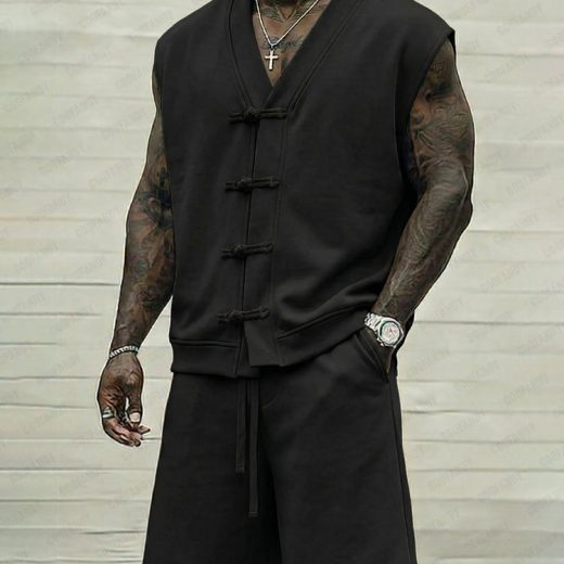 Casual Sleeveless Frog Button 2-Piece Set