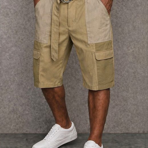 Trendy 100% Cotton Colorblock Belted Cargo Shorts