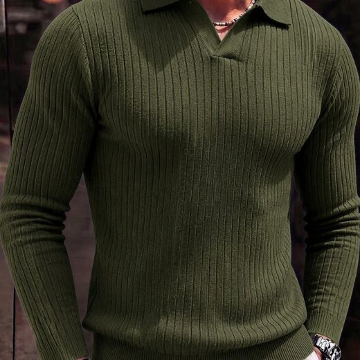 Minimalist Long Sleeve Ribbed Knit Polo Shirt
