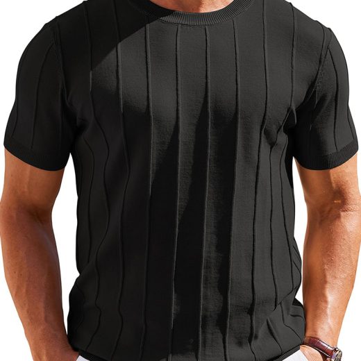 Casual Short Sleeve Ribbed Knit Pullover Tee