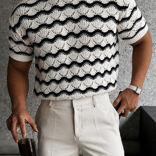 Sweater Wavy Scalloped Openwork Crew Neck Top