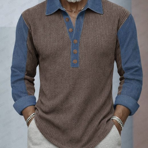 Casual Denim Patchwork Contrast Knit Shirt
